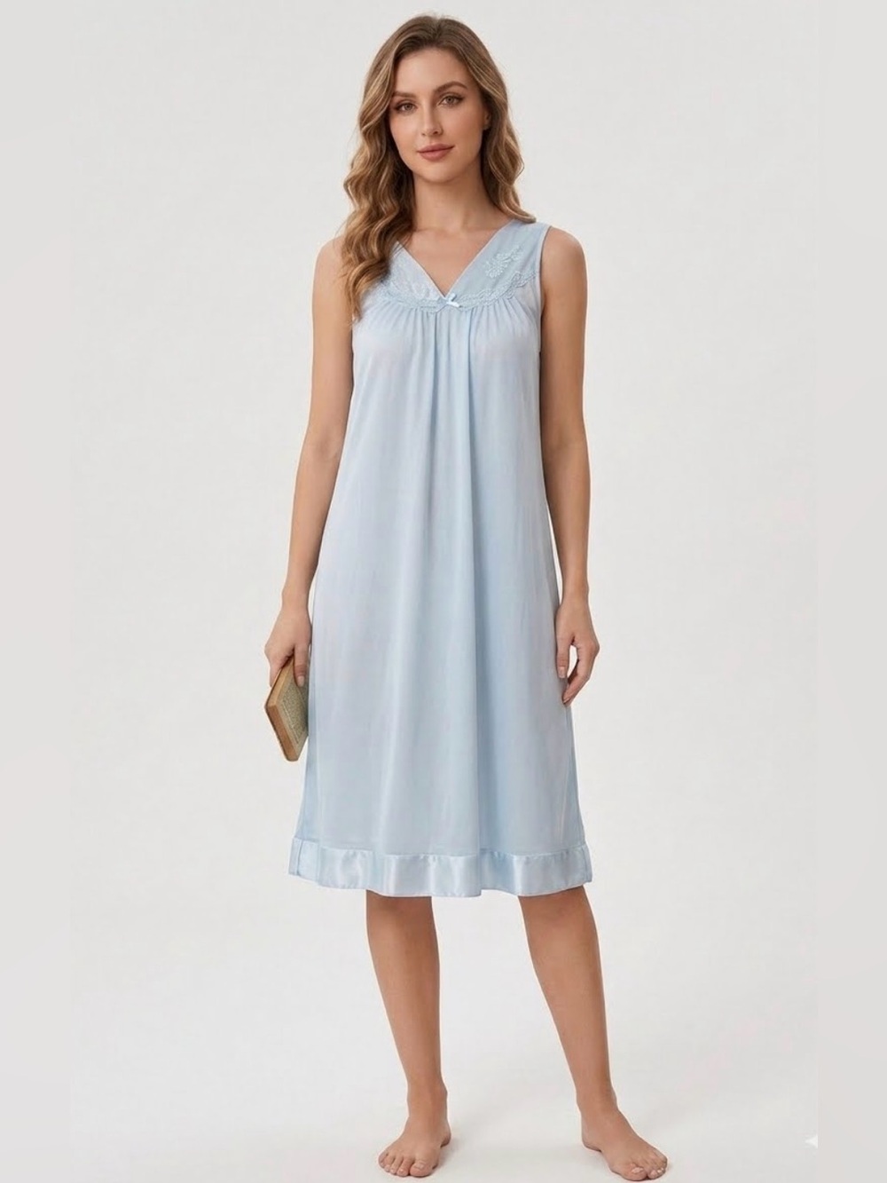Vintage Vanity Fair Blue Nylon Satin‎ V-Neck Nightgown Size Small